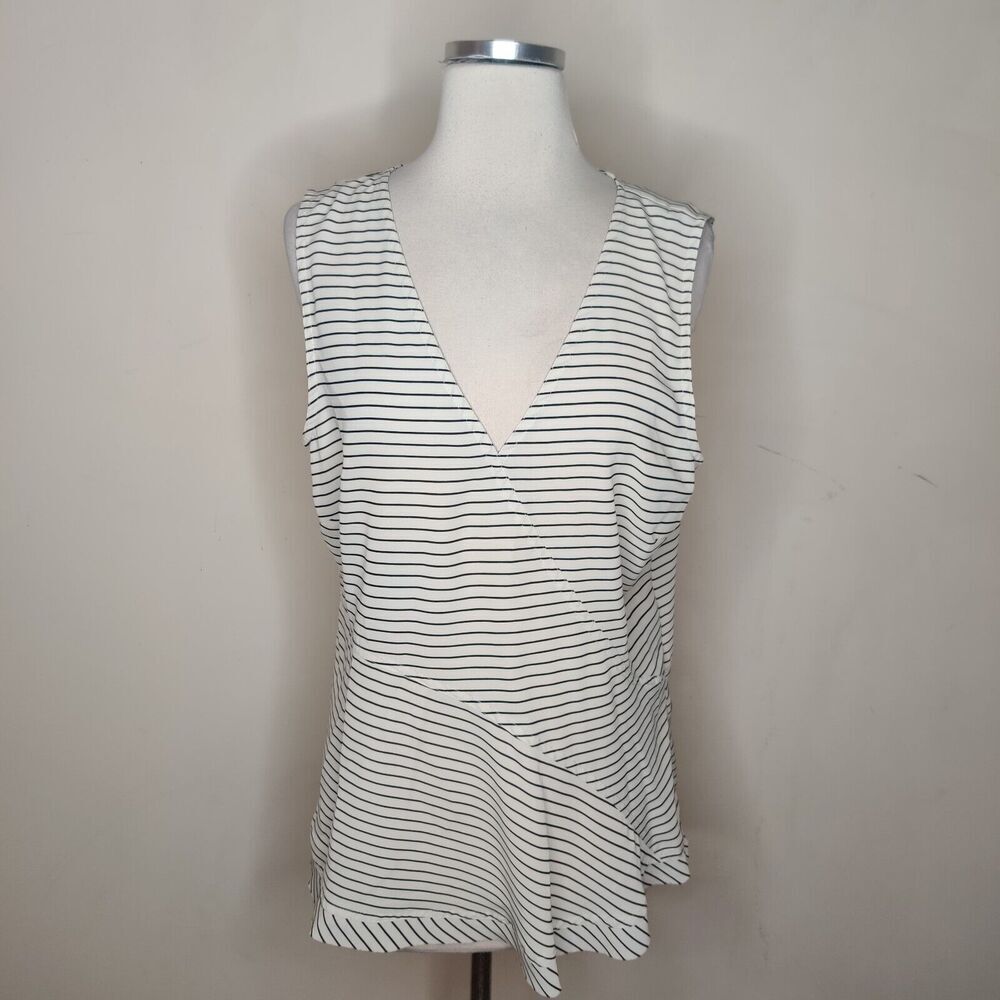 DKNY‎ Striped Sleeveless Top Tank White Black V Neck